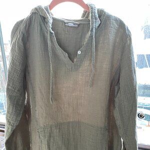 PureJill Size Large Linen Green Hooded Gauze Shirt